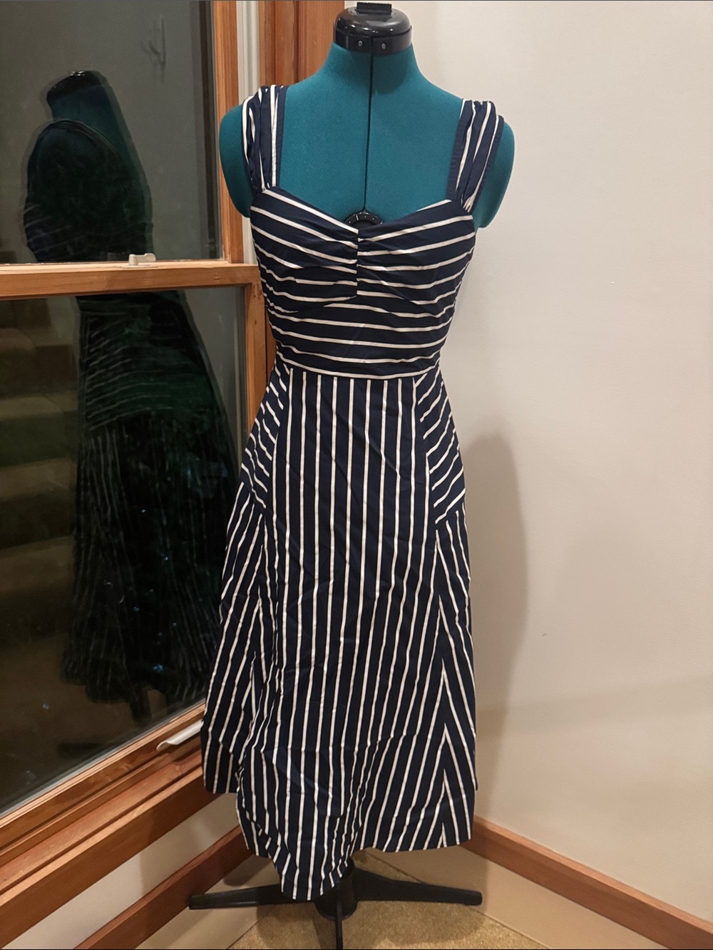 Navy and White Striped Sleeveless Midi Dress with Wide Straps